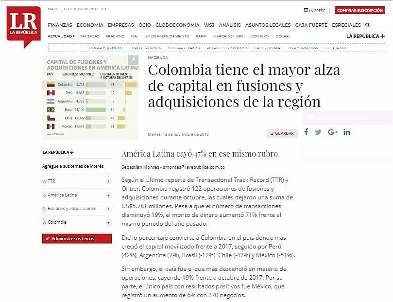 Colombia tiene el mayor alza de capital en fusiones y adquisiciones de la regin